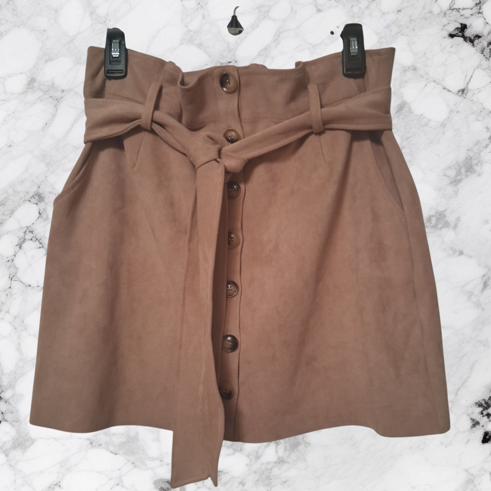 Lily Rain Elegant Mini Tan Button-Up Skirt Tie Front Paper Bag Waist Size L